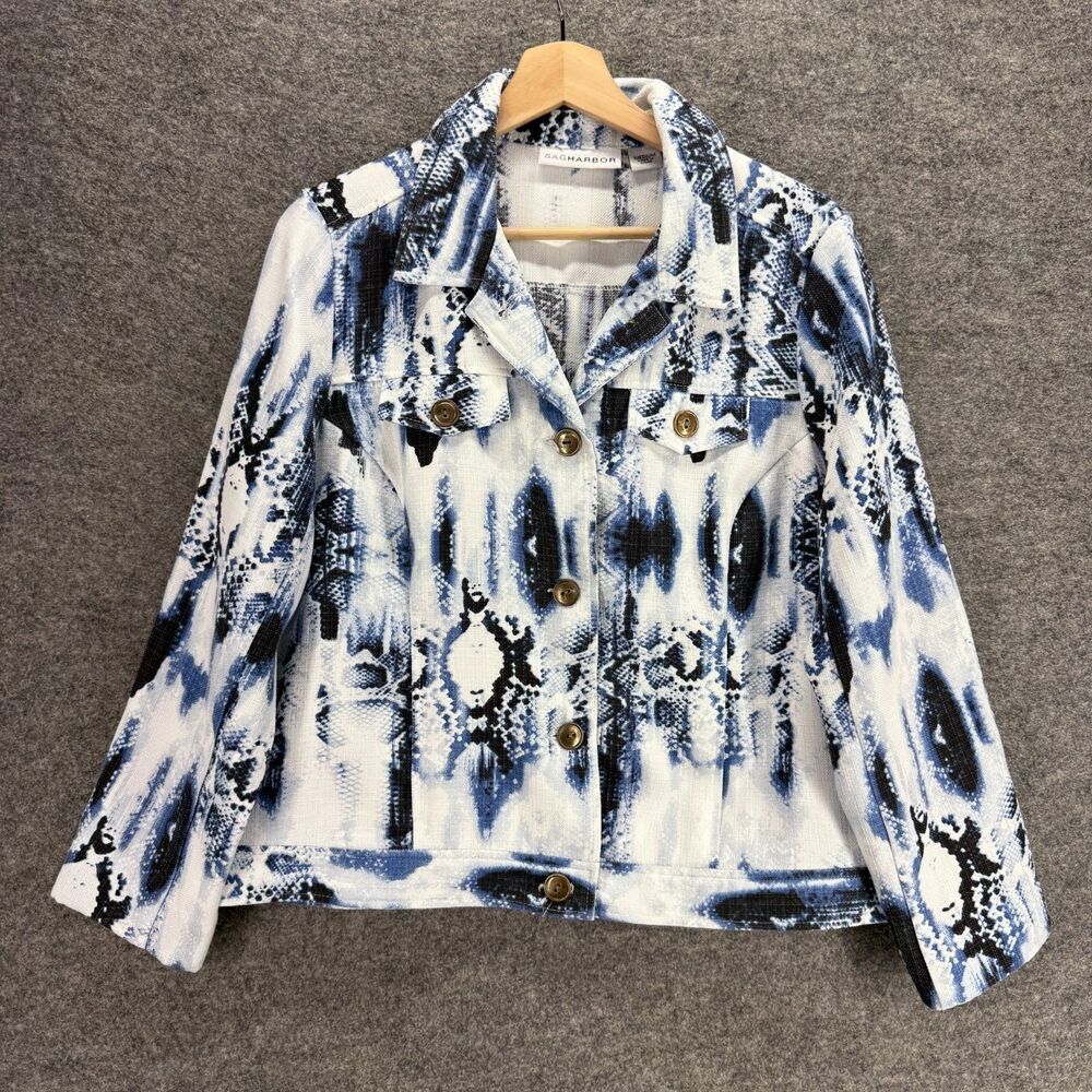 Sag Harbor Jacket Women M Medium White Animal Print Button Collared Long Sleeve